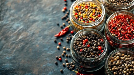 Poster - Spices in jars fennel chili pepper flakes black peppercorns Slate background Top view Copy space : Generative AI