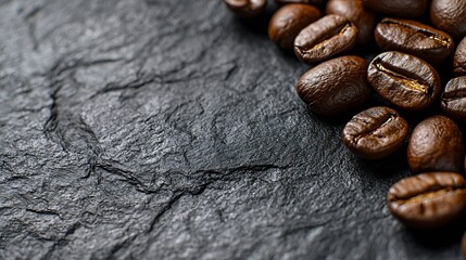 Poster - Coffee beans on grey slate background Top view Copy space : Generative AI