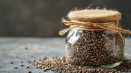 Poster - Cumin seeds in a jar on grey stone background Copy space : Generative AI