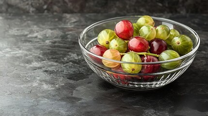 Poster - Fresh gooseberries in glass bowl on black stone slate background : Generative AI