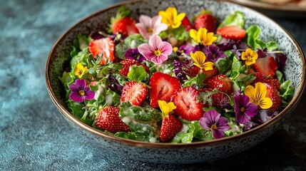 Poster - Fresh green salad with strawberries and edible flowers in a bowl Marble background Copy space : Generative AI
