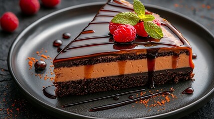 Poster - Caramel cake mousse dessert on a plate Grey stone background Top view : Generative AI