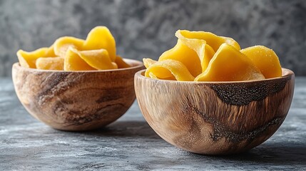Poster - Healthy snacks Dried mango coconut chips and palm sugar in wooden bowls Grey stone background Copy space : Generative AI