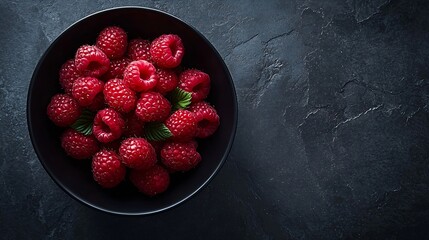 Poster - Fresh raspberries on a black bowl Slate background Top view : Generative AI