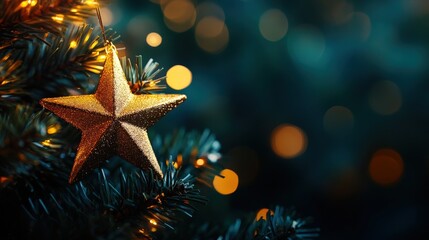 Wall Mural - Golden star ornament on a Christmas tree with glowing lights and blurred background.