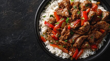 Poster - Beef and vegetables stir fry with white rice in a black bowl Grey background Copy space Top view : Generative AI