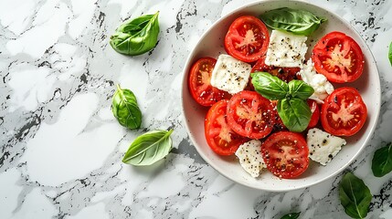 Poster - Tomato salad with cheese and fresh basil White marble background Close up : Generative AI