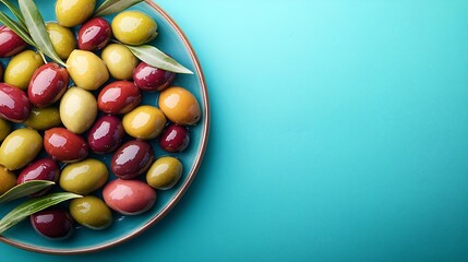 Poster - Assortment of fresh olives on a plate Blue background Close up Top view : Generative AI