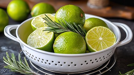 Aufkleber - Fresh limes and rosemary springs in white enamel colander : Generative AI