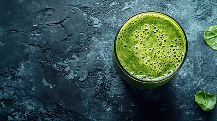 Aufkleber - Spinach smoothie Healthy drink in glass jar on grey stone background Copy space Top view : Generative AI