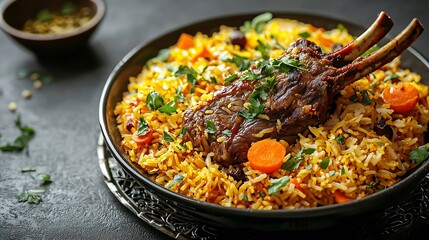 Aufkleber - Traditional pilaf plov with rack of lamb Grey background Close up Copy space : Generative AI