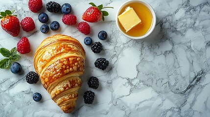 Poster - Croissant with fresh berries honey and butter on a marble texture background : Generative AI