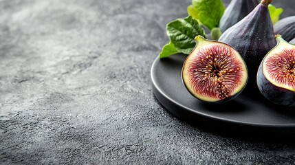 Poster - Fresh figs on black plate Grey background Copy space : Generative AI