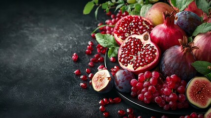 Poster - Fruits assortment pomegranates grapes figs plums on black plate Dark background Close up : Generative AI