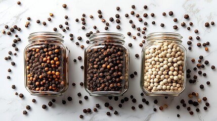 Poster - Black white pepper peppercorns coriander seeds in jars Top view Copy space : Generative AI