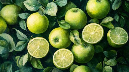 A Still Life of Limes and Green Apples with Leaves