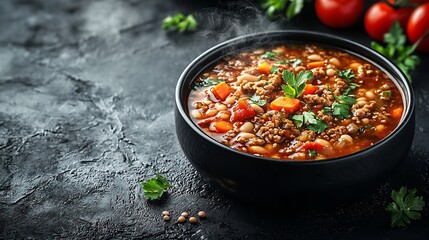 Aufkleber - Bean soup in a black bowl Dark background Close up : Generative AI