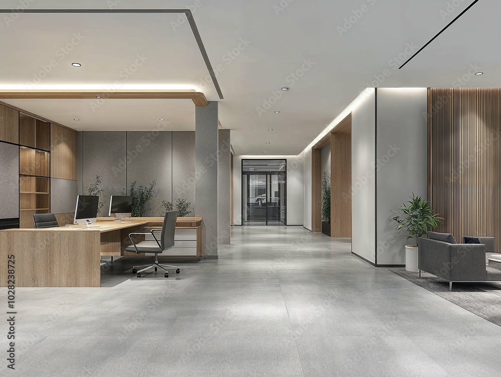 Sophisticated office interior with minimalist design, featuring a long ...