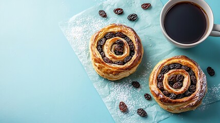 Poster - Fresh danish pastry with raisins with a cup of black coffee on blue table background Top view Copy space : Generative AI