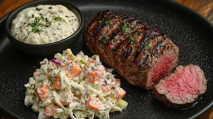 Poster - Grilled beef tenderloin meat on a plate with cole slaw salad Top view : Generative AI