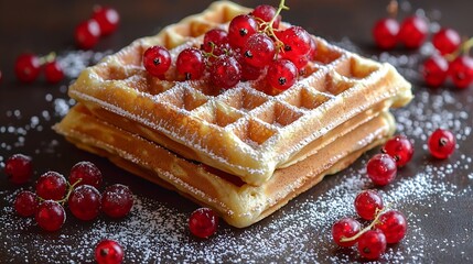 Poster - Belgian waffles with fresh red currant berries Grey dark background Top view : Generative AI