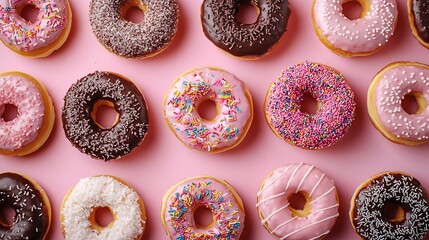 Poster - Donuts assortment on pink pastel background Copy space Top view : Generative AI