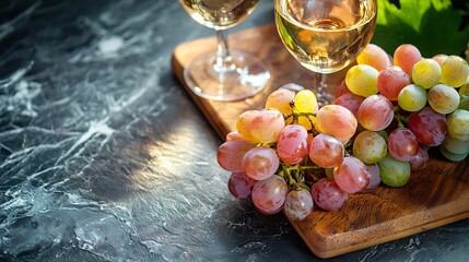 Poster - Fresh grape on marble cutting board with glasses of white wine White background : Generative AI