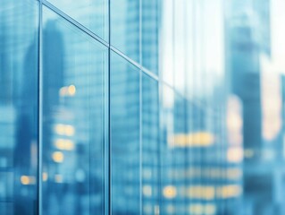 Abstract image of a glass skyscraper reflecting surrounding buildings, with a focus on the geometric lines and a blue, blurred background, evoking an urban atmosphere with sleek architectural details.