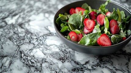Poster - Fresh green salad with strawberries and edible flowers in a bowl Marble background : Generative AI