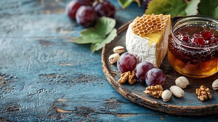 Poster - Cheese plate with fresh grape honey comb nuts and plum jelly on a blue wooden background : Generative AI