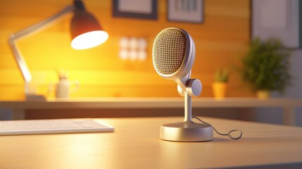 Poster - A podcast microphone on a simple desk setup with studio lighting in the background.