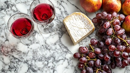 Poster - Assortment of cheese grapes with red wine in glasses Marble background Top view : Generative AI