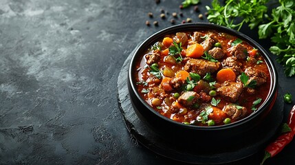 Aufkleber - Beef meat and vegetables stew in black bowl Dark background Copy space Top view : Generative AI