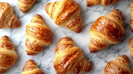 Poster - Croissants on marble table French traditional pastry Top view Copy space : Generative AI