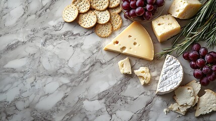 Poster - Assortment of cheese grapes and crackers Marble background Top view Copy space : Generative AI