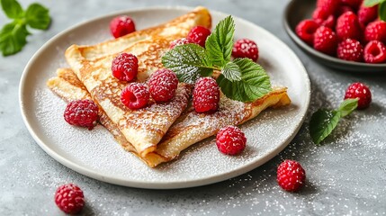 Poster - Thin crepes with raspberry in white plate Marble background Top view : Generative AI