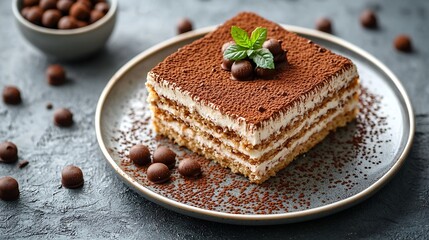 Poster - Tiramisu cake with chocolate decotaion on a plate Grey stone background Top view Copy space : Generative AI