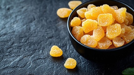 Poster - Candied ginger in black bowl on dark stone background Copy space : Generative AI