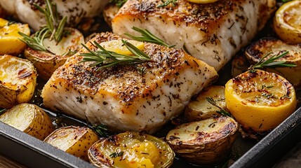 Poster - Roasted cod codfish with baked potatoes and artichokes with lemon and herbs sauce on a white background Restaurant serving : Generative AI