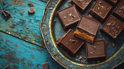 Poster - Chocolate caramel slices bars millionaires shortbread on a vintage tray Blue background : Generative AI