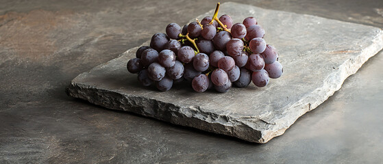 A bunch of red grapes on a slate serving board with a rustic background.