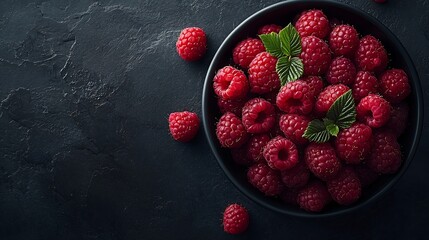 Poster - Fresh raspberries on a black bowl Stone background Top view : Generative AI