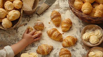 Poster - Croissants baking ingredients with kids hands holding fresh croissant Top view : Generative AI