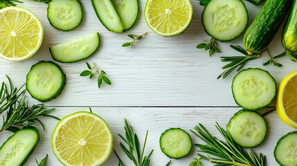 Poster - Ingredients for lime cucumber tarragon lemonade cocktail on a white wooden background : Generative AI