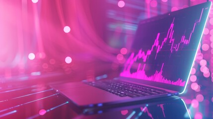 Poster - Laptop with Stock Market Chart in Neon Pink Lighting