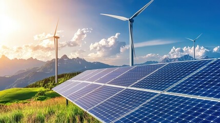 A solar panel array in a rural area with wind turbines in the background, combining green energy technologies.