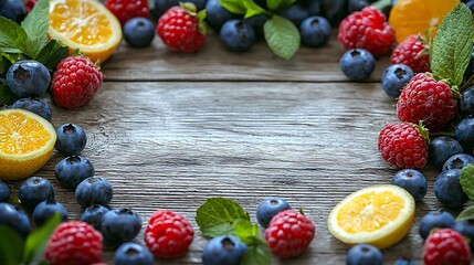 Poster - Fruits berries and flowers frame white wooden background Copy space : Generative AI