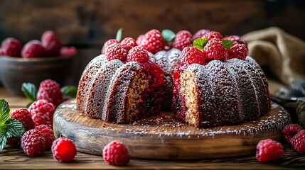 Poster - Chocolate marble bundt cake with raspberry on wooden background Copy space : Generative AI