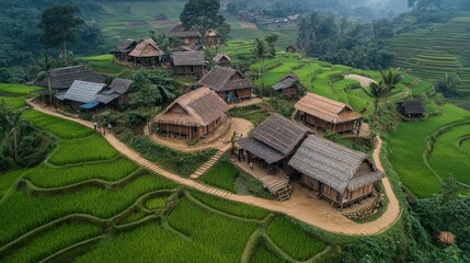 Tourists stay in bamboo huts in a rural village surrounded by rice terraces and join guided tours that teach them about the village's history and sustainable practices.