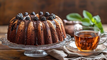 Poster - Chocolate marble bundt cake with a cup of tea on wooden background : Generative AI